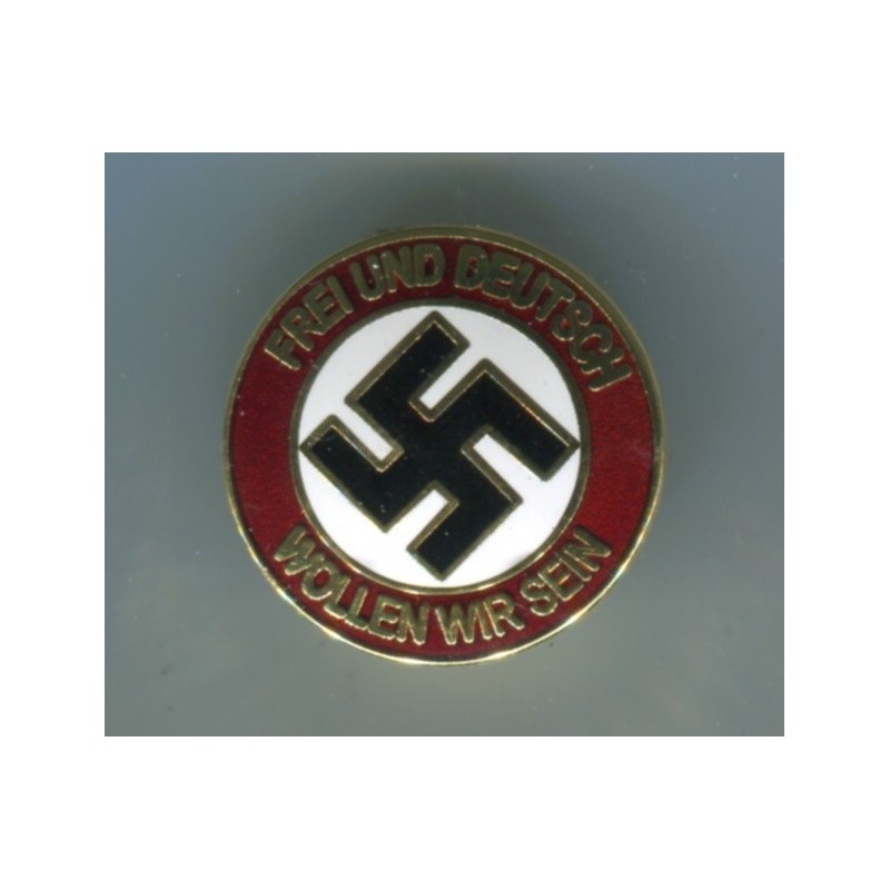 Emellierten NSDAP Abzeichen mit Durchmesser 27 mm. Vorn ist das Motto Frei un Deutsch wollen wir sein gedruckt